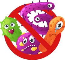 Cartoon illustration of different funny and colorful viruses and bacteria crossed by a red forbidden sign, representing the fight against infections vector