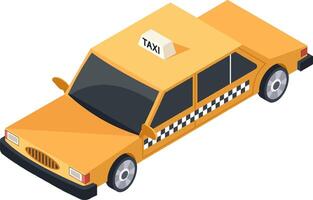 Classic yellow taxi cab waiting for passengers, featuring checkered stripes on its side and a taxi sign on its roof, presented in an isometric view against a clean white background vector