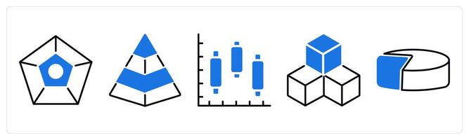 Set of 5 Diagram icons as pentagon, pyramid graph, intervals vector