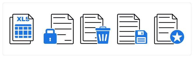 Set of 5 Files icons as excel file, lock file, trash file vector