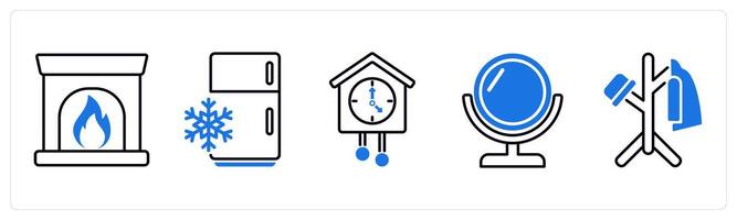 Set of 5 Furniture icons as fireplace, refrigerator, clock vector