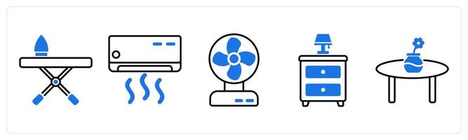 Set of 5 Furniture icons as iron table, air conditioner, fan vector