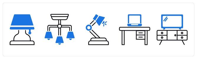 Set of 5 Furniture icons as lamp, cieling lamp, study lamp vector