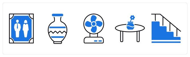 Set of 5 Furniture icons as photo frame, vase, fan vector