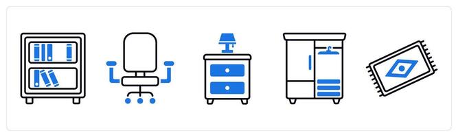 Set of 5 Furniture icons as bookshelf, work chair, side table vector