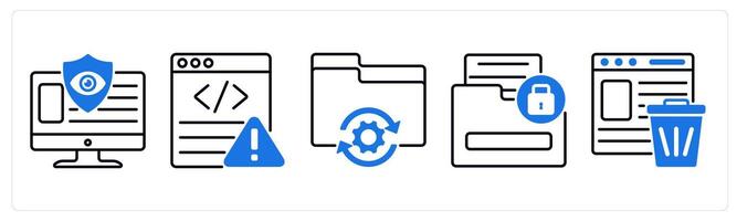 Set of 5 GDPR icons as online privacy, website error, data processing vector