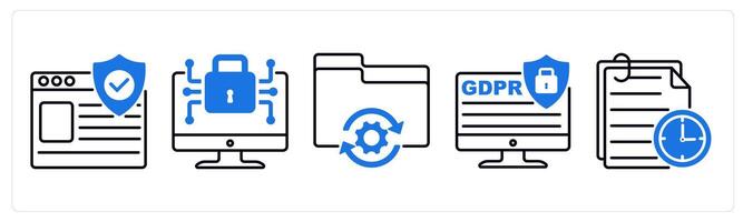 Set of 5 GDPR icons as protected website, data encryption, data processing vector