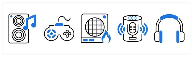 Set of 5 Home Appliances icons as speaker, game pad, heater vector