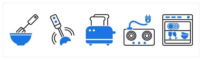 Set of 5 Home Appliances icons as mixer, hand blender, toaster vector