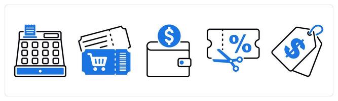 Set of 5 Offer and Sale icons as cash register, voucher, cash back vector