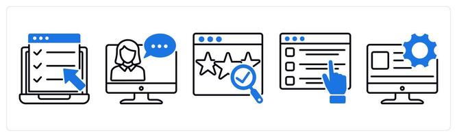 Set of 5 Survey and Rating icons as online survey, online help, review verification vector
