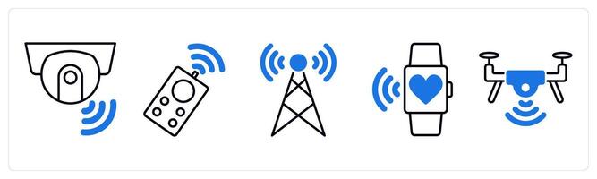 Set of 5 Technology icons as smart camera, remote control, signal tower vector