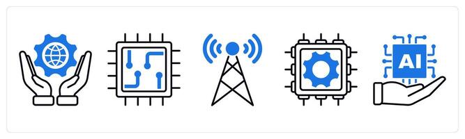 Set of 5 Technology icons as it governance, chip, signal tower vector