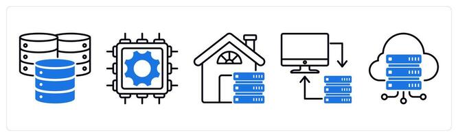 Set of 5 Technology icons as data center, hardware, home server vector