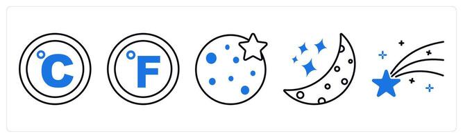 Set of 5 Weather icons as celsius, fahrenheit, full moon vector