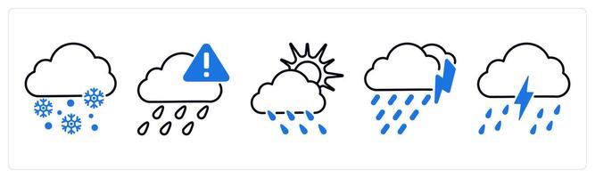 Set of 5 Weather icons as snow, weather alert, cloudy and rain vector