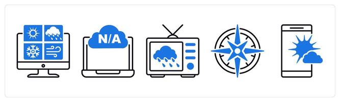 Set of 5 Weather icons as weather report, not available, weather new vector
