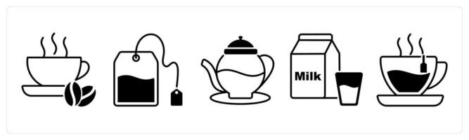 Set of 5 Food and Drink icons in black color as coffee, tea bag, tea vector