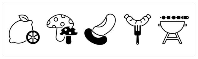 Set of 5 Food and Drink icons in black color as lemon, mushrooms, beans vector
