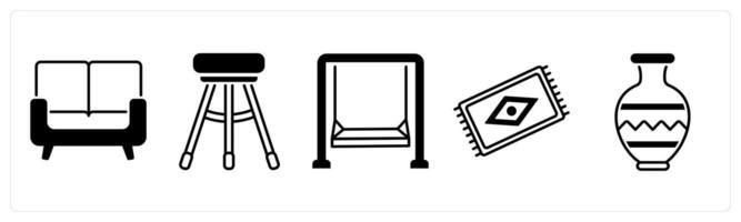 Set of 5 Furniture icons in black color as couch, bar stool, swing vector