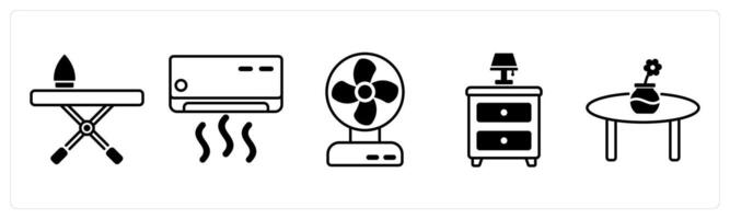 Set of 5 Furniture icons in black color as iron table, air conditioner, fan vector