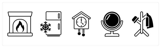 Set of 5 Furniture icons in black color as fireplace, refrigerator, clock vector