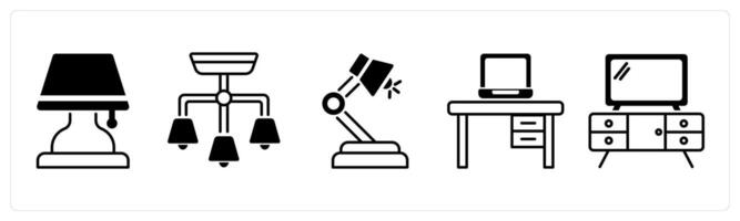 Set of 5 Furniture icons in black color as lamp, cieling lamp, study lamp vector