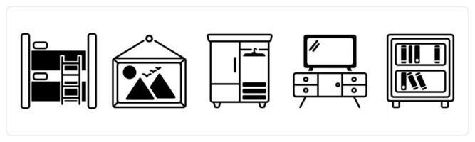 Set of 5 Furniture icons in black color as bunk bed, painting, wardrobe vector