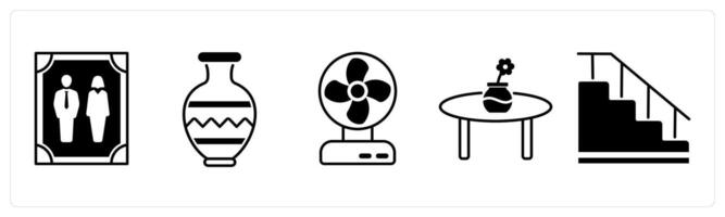 Set of 5 Furniture icons in black color as photo frame, vase, fan vector