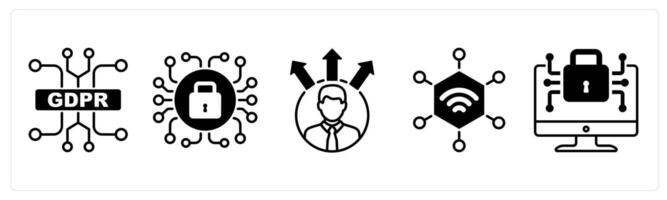 Set of 5 GDPR icons in black color as gdpr circuit, technical security, profiling vector