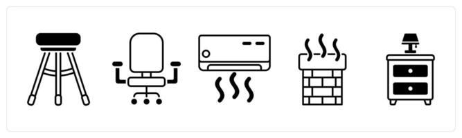 Set of 5 Furniture icons in black color as bar stool, work chair, air conditioner vector