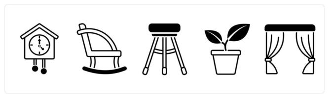 Set of 5 Furniture icons in black color as clock, rocking chair, bar stool vector