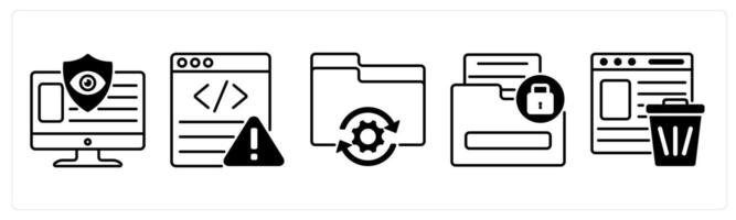 Set of 5 GDPR icons in black color as online privacy, website error, data processing vector