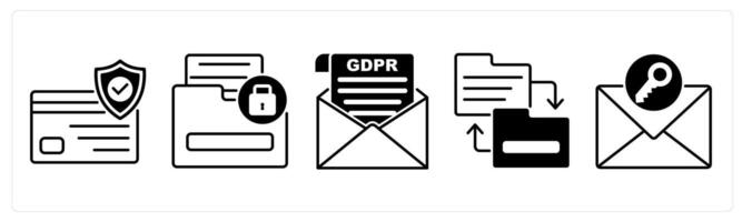 Set of 5 GDPR icons in black color as security card, sensitive information, gdpr letter vector