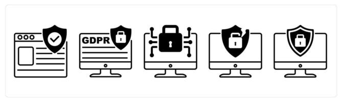 Set of 5 GDPR icons in black color as protected website, gdpr site, data encryption vector