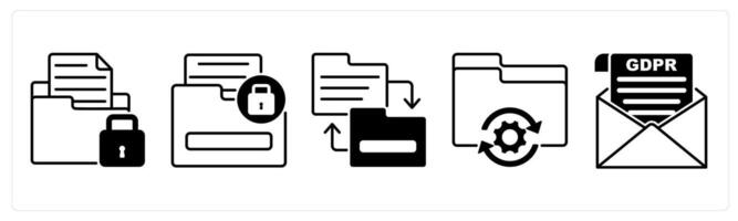 Set of 5 GDPR icons in black color as personal file storage, sensitive information, directory replacement vector