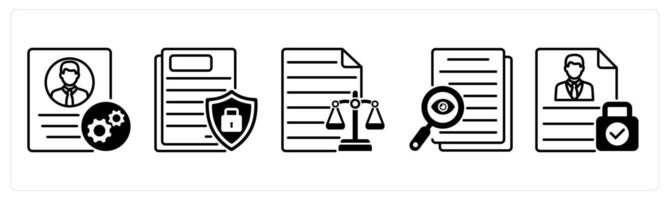 Set of 5 GDPR icons in black color as de identification, document protection, balance sheet vector