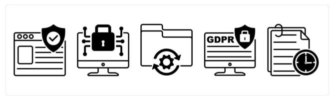 Set of 5 GDPR icons in black color as protected website, data encryption, data processing vector