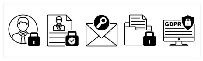 Set of 5 GDPR icons in black color as account security, personal data, secure message vector