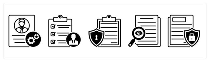 Set of 5 GDPR icons in black color as de identification, privacy impact assessment, privacy policy vector