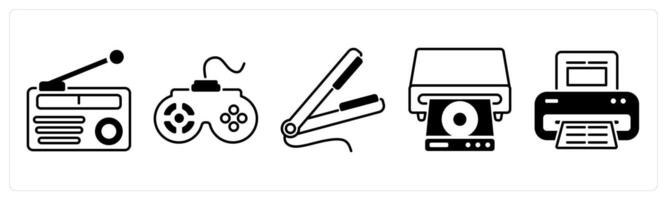 Set of 5 Home Appliances icons in black color as radio, game pad, hair straightene vector