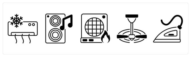 Set of 5 Home Appliances icons in black color as air conditioner, speaker, heater vector