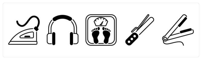 Set of 5 Home Appliances icons in black color as iron, headphones, weight scale vector
