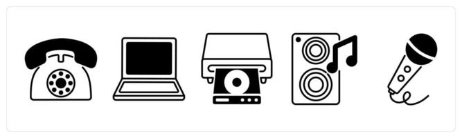 Set of 5 Home Appliances icons in black color as telephone, laptop, cd player vector