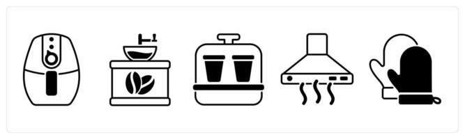 Set of 5 Home Appliances icons in black color as air fryer, coffee grinder, yoghurt maker vector