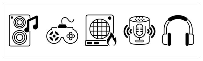 Set of 5 Home Appliances icons in black color as speaker, game pad, heater vector