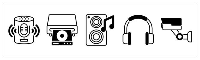 Set of 5 Home Appliances icons in black color as voice assistant, cd player, speaker vector