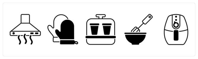 Set of 5 Home Appliances icons in black color as chimney, oven gloves, yoghurt maker vector