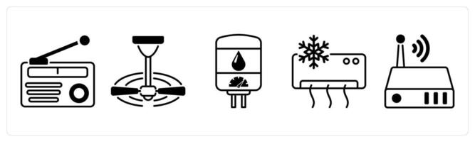 Set of 5 Home Appliances icons in black color as radio, ceiling fan, geyser vector