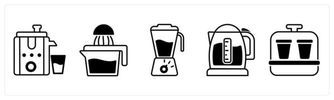 Set of 5 Home Appliances icons in black color as juicer, hand juicer, blender vector